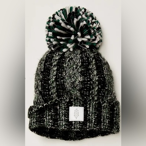 Free People Movement Pom Party Reflective Beanie Hat White Black Green Combo New - Picture 6 of 6